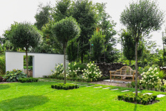 Piękny ogród z drewnianą ławką